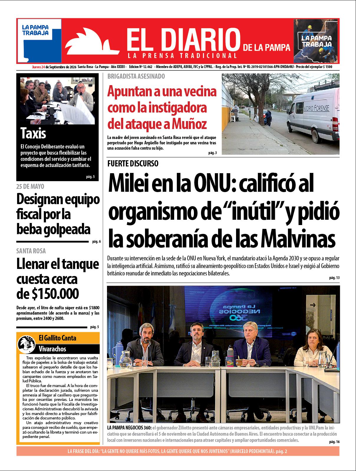 Tapa de El Diario en papel  jueves 24 de septiembre de 2026